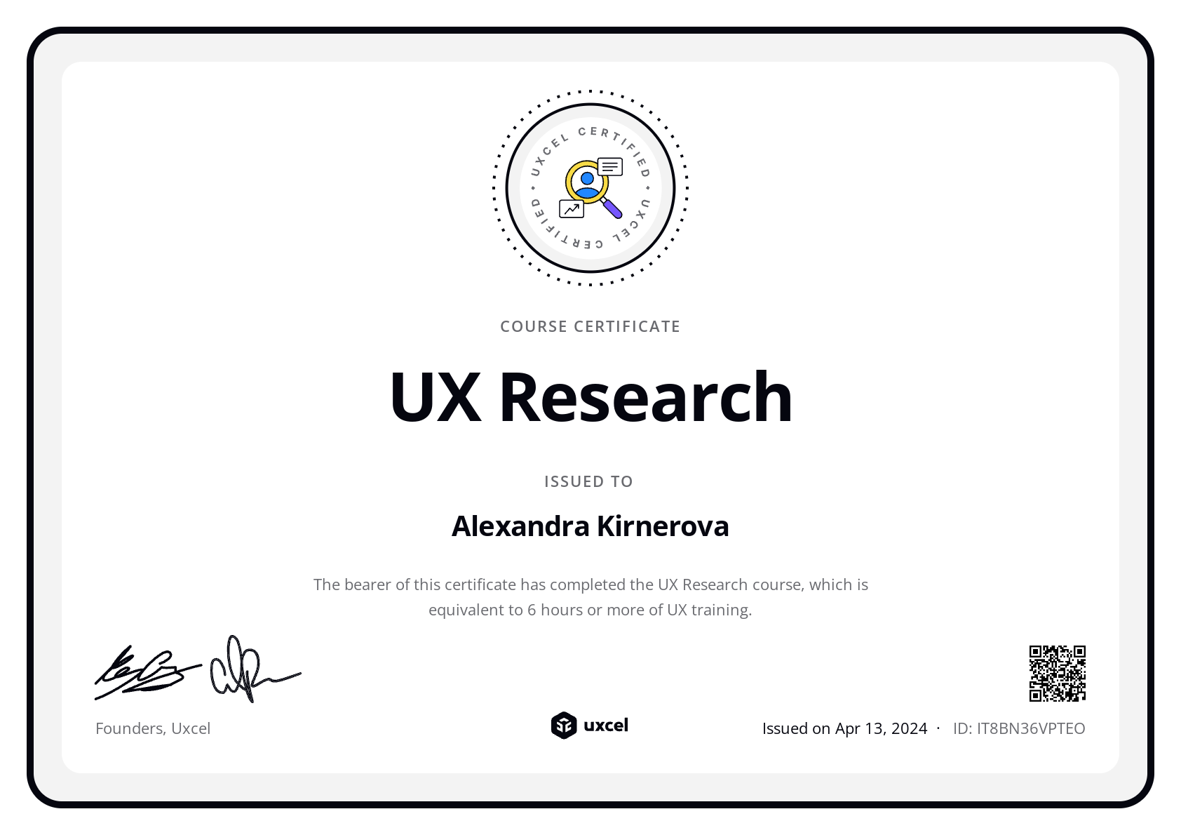 Alexandra Kirnerova's certificate